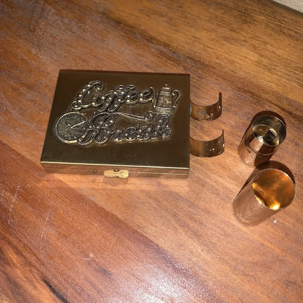 VTG Brass Coffee Break Coin Compact & Lipstick Holder 1950s Petty Cash Insert